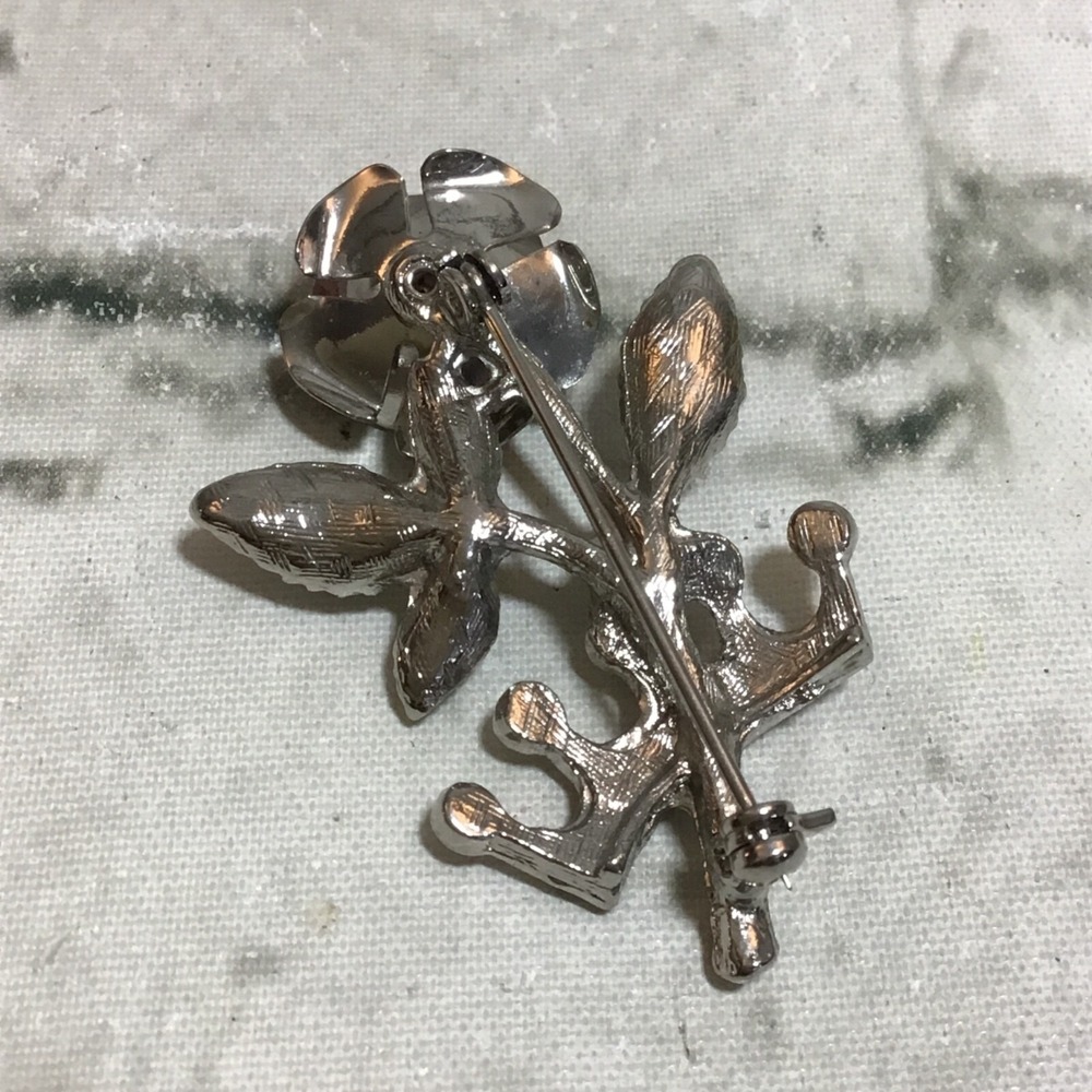Rose Brooch Pin Single Long Stem Rose Crown Silver Toned - Picture 2 of 3